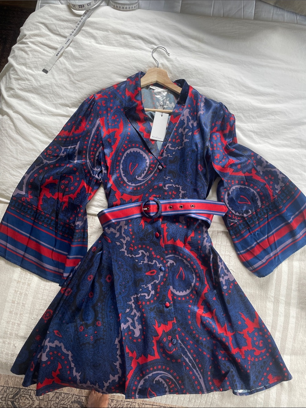 Hermoza Navy and Red Paisley Belted Dress medium NWT